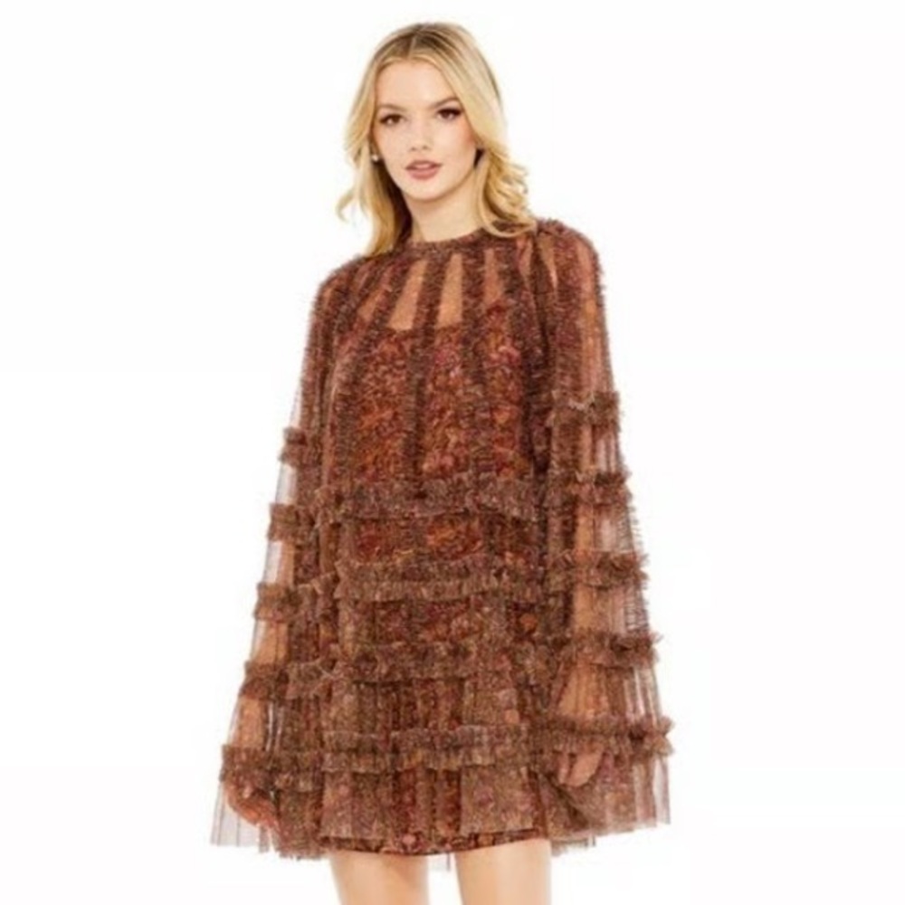 NWT MAC DUGGAL 8007 floral print flare mesh ALINE dress 6 pattern bell ruffle